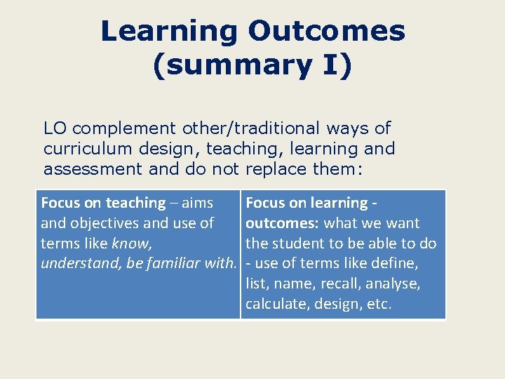Learning Outcomes (summary I) LO complement other/traditional ways of curriculum design, teaching, learning and