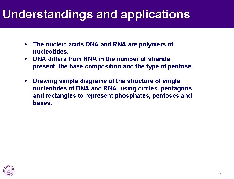 Understandings and applications • The nucleic acids DNA and RNA are polymers of nucleotides.