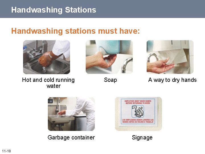 Handwashing Stations Handwashing stations must have: Hot and cold running water Garbage container 11 Handwashing Stations Handwashing stations must have: Hot and cold running water Garbage container 11