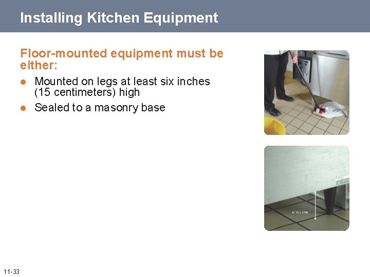 Installing Kitchen Equipment Floor-mounted equipment must be either: l l 11 -33 Mounted on