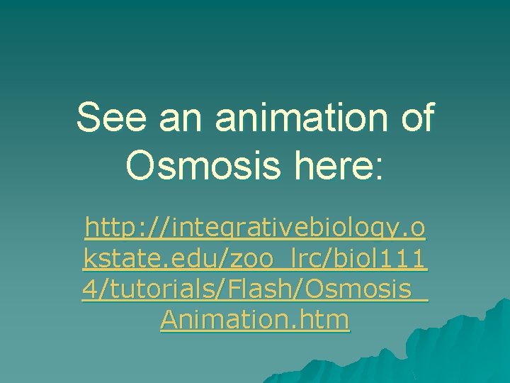 See an animation of Osmosis here: http: //integrativebiology. o kstate. edu/zoo_lrc/biol 111 4/tutorials/Flash/Osmosis_ Animation.