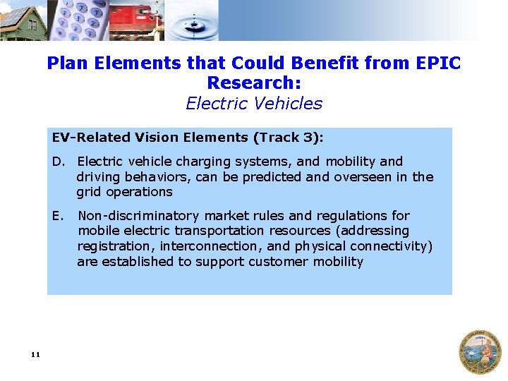 Plan Elements that Could Benefit from EPIC Research: Electric Vehicles EV-Related Vision Elements (Track