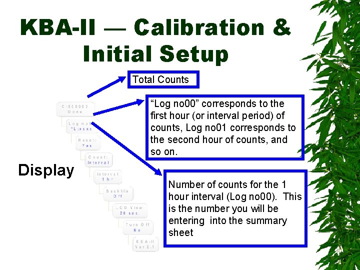 KBA-II — Calibration & Initial Setup Total Counts “Log no 00” corresponds to the