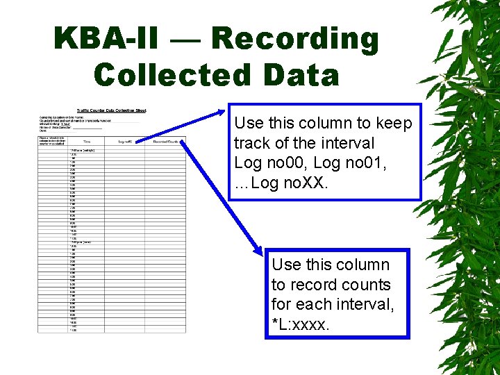 KBA-II — Recording Collected Data Use this column to keep track of the interval