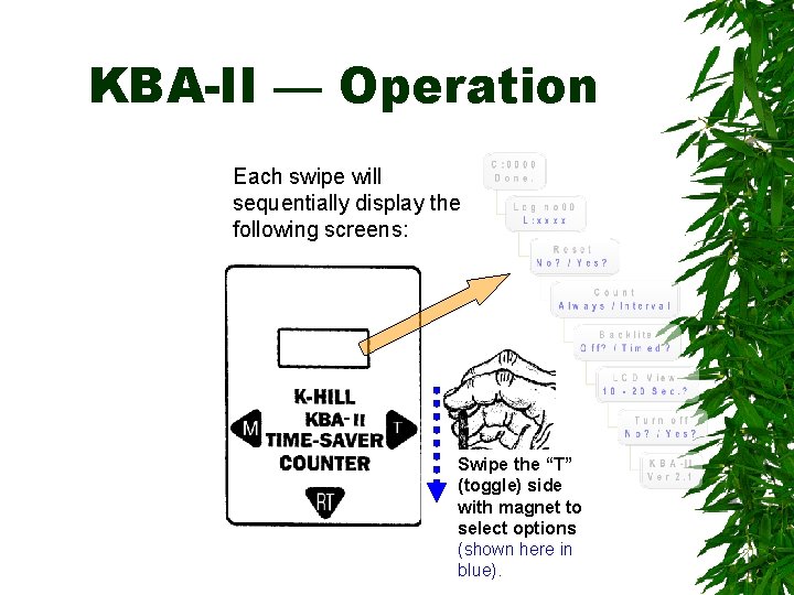 KBA-II — Operation Each swipe will sequentially display the following screens: Swipe the “T”