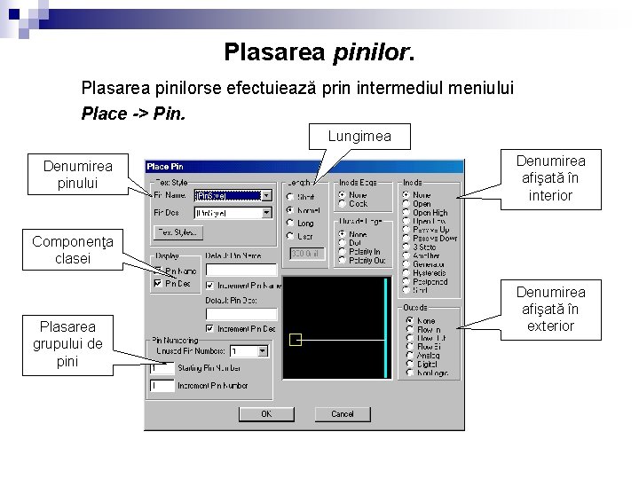 Plasarea pinilorse efectuiează prin intermediul meniului Place -> Pin. Lungimea Denumirea pinului Denumirea afişată