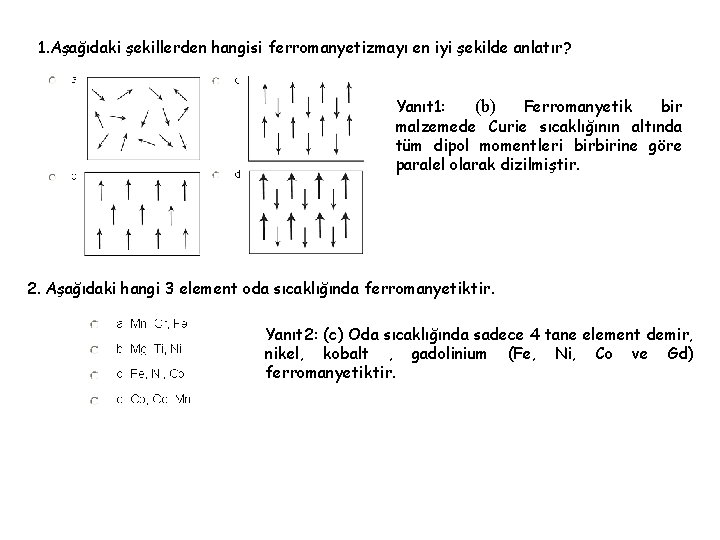 1. Aşağıdaki şekillerden hangisi ferromanyetizmayı en iyi şekilde anlatır? Yanıt 1: (b) Ferromanyetik bir