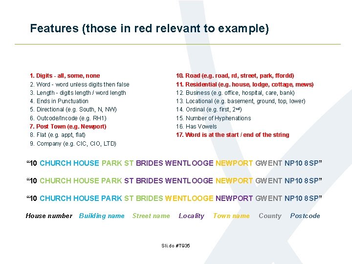 Features (those in red relevant to example) 1. Digits - all, some, none 2.