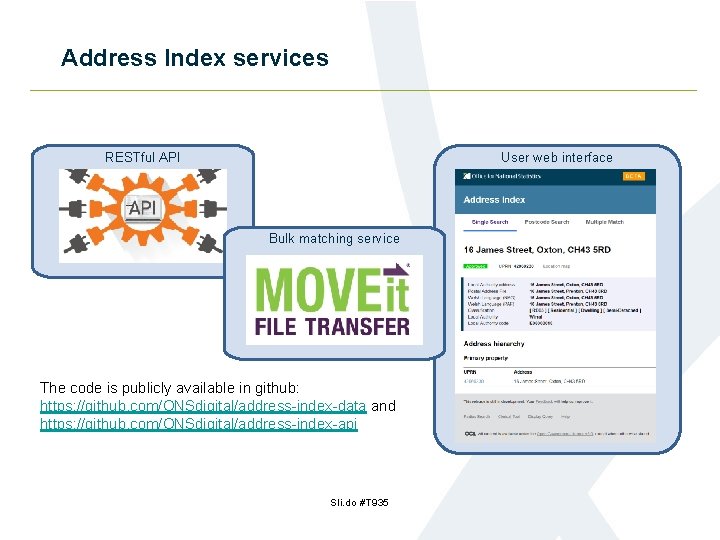 Address Index services RESTful API User web interface Bulk matching service The code is