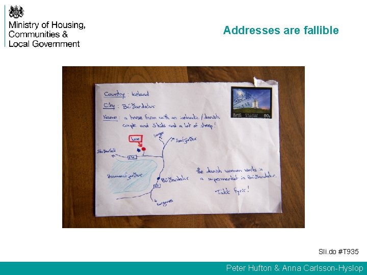 Addresses are fallible Sli. do #T 935 Peter Hufton & Anna Carlsson-Hyslop 
