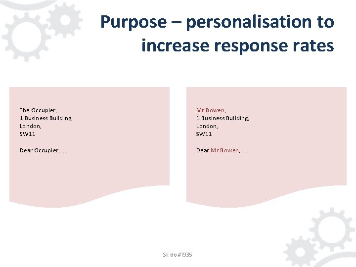 Purpose – personalisation to increase response rates The Occupier, 1 Business Building, London, SW