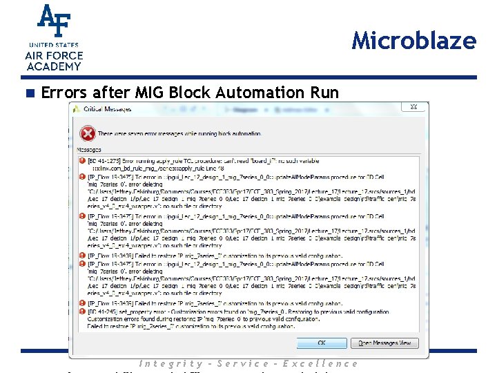 Microblaze n Errors after MIG Block Automation Run Integrity - Service - Excellence 