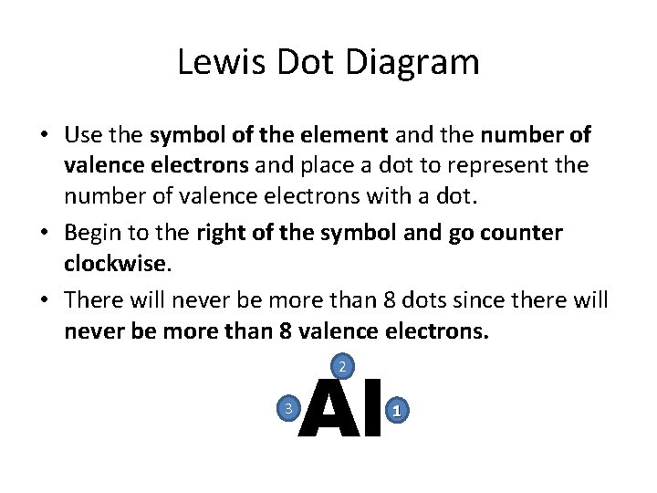 Lewis Dot Diagram • Use the symbol of the element and the number of
