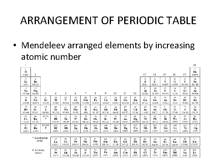 ARRANGEMENT OF PERIODIC TABLE • Mendeleev arranged elements by increasing atomic number 