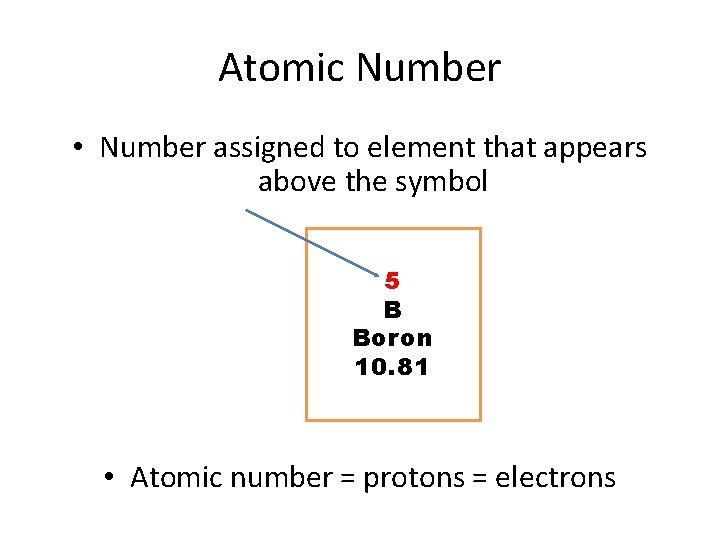 Atomic Number • Number assigned to element that appears above the symbol 5 B