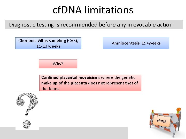 cf. DNA limitations Diagnostic testing is recommended before any irrevocable action Chorionic Villus Sampling