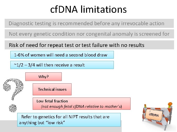 cf. DNA limitations Diagnostic testing is recommended before any irrevocable action Not every genetic