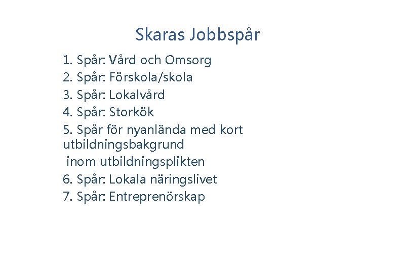 Skaras Jobbspår 1. Spår: Vård och Omsorg 2. Spår: Förskola/skola 3. Spår: Lokalvård 4.