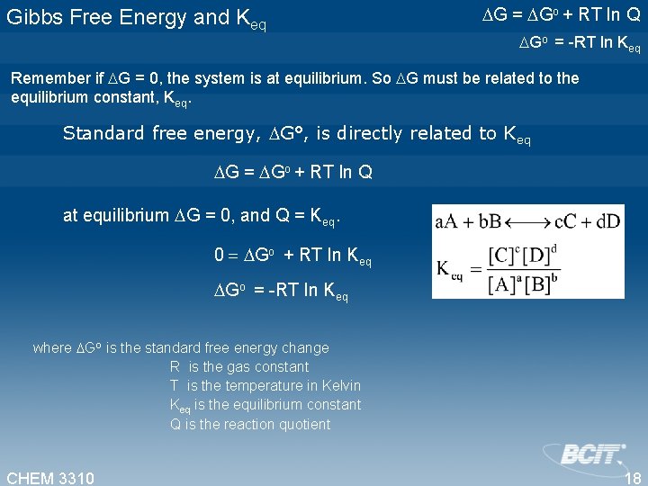 Gibbs Free Energy and Keq G = Go + RT ln Q Go =