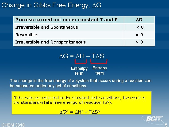 Change in Gibbs Free Energy, G Process carried out under constant T and P