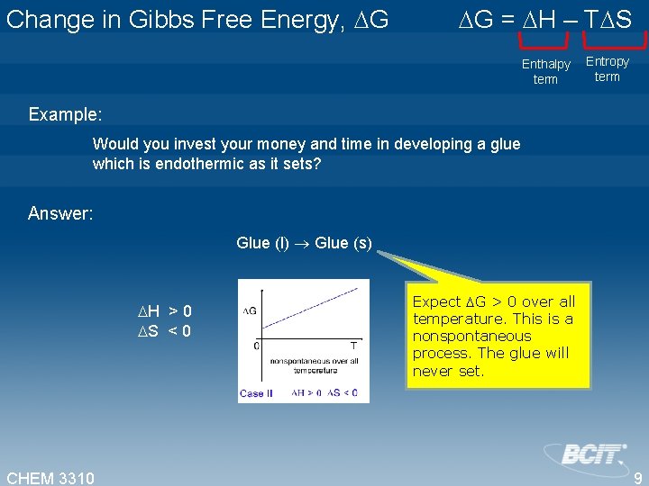 Change in Gibbs Free Energy, G G = H – T S Enthalpy term