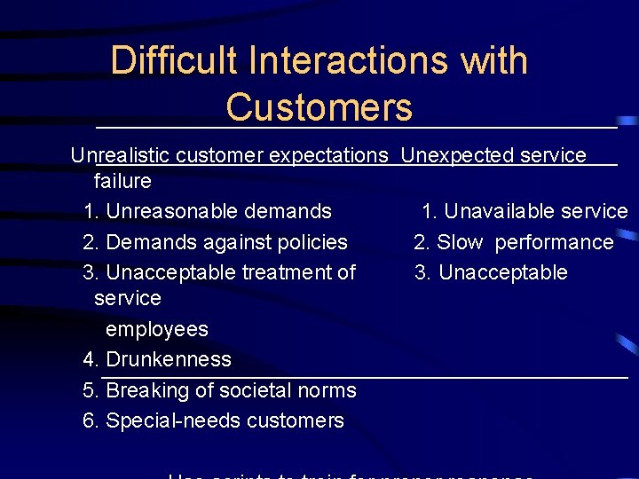Difficult Interactions with Customers Unrealistic customer expectations Unexpected service failure 1. Unreasonable demands 1.