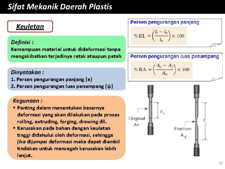 Sifat Mekanik Daerah Plastis Keuletan Definisi : Kemampuan material untuk dideformasi tanpa mengakibatkan terjadinya