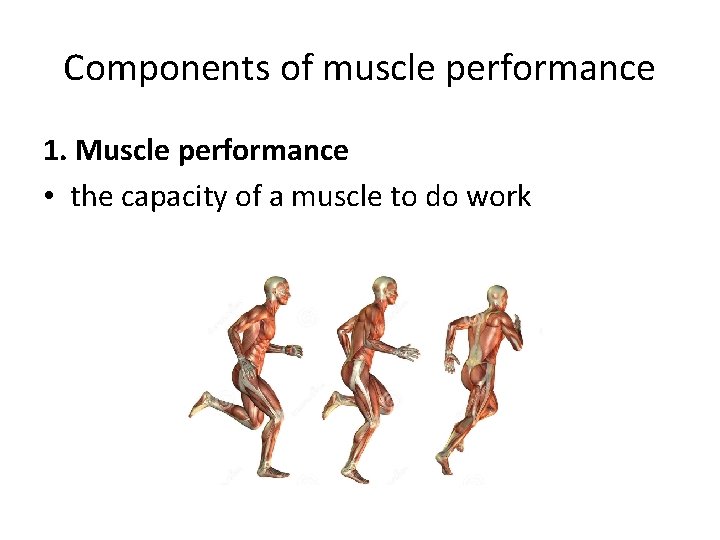 Components of muscle performance 1. Muscle performance • the capacity of a muscle to