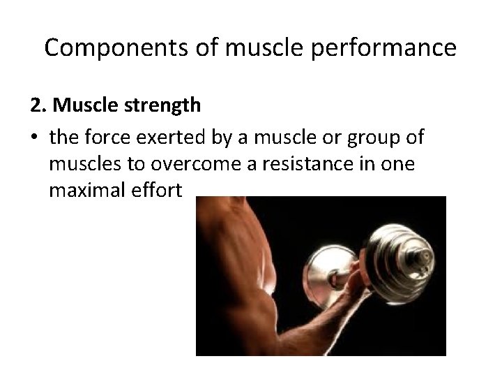 Components of muscle performance 2. Muscle strength • the force exerted by a muscle