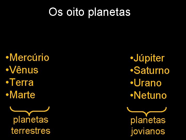 Os oito planetas • Mercúrio • Vênus • Terra • Marte planetas terrestres •