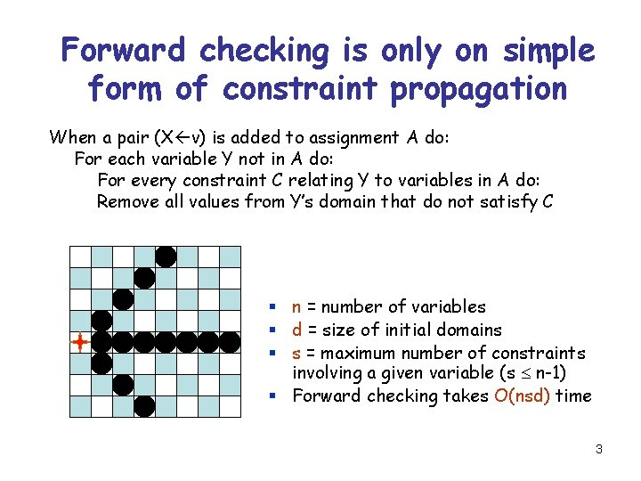 Forward checking is only on simple form of constraint propagation When a pair (X
