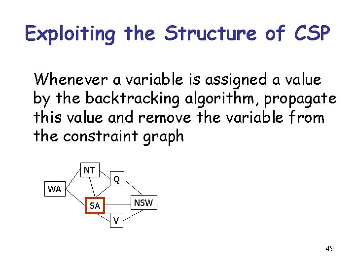 Exploiting the Structure of CSP Whenever a variable is assigned a value by the