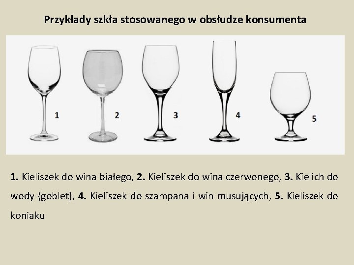 Przykłady szkła stosowanego w obsłudze konsumenta 1. Kieliszek do wina białego, 2. Kieliszek do