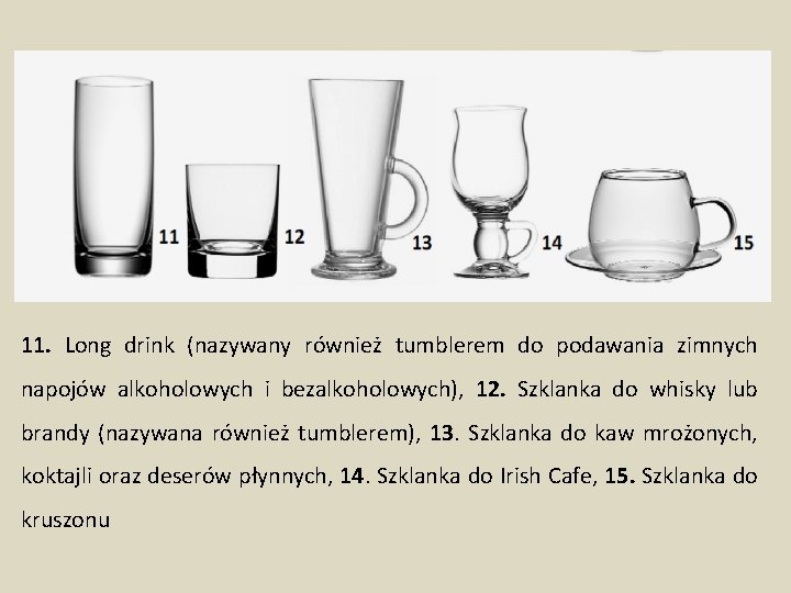 11. Long drink (nazywany również tumblerem do podawania zimnych napojów alkoholowych i bezalkoholowych), 12.