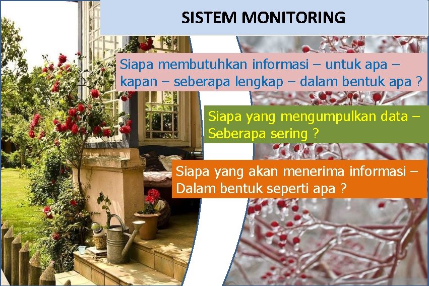 SISTEM MONITORING Siapa membutuhkan informasi – untuk apa – kapan – seberapa lengkap –