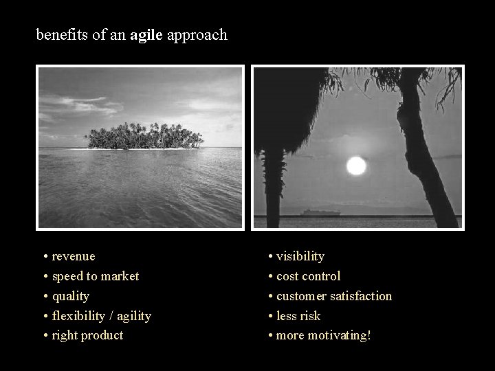 benefits of an agile approach • revenue • speed to market • quality •