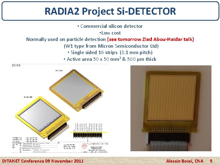 RADIA 2 Project Si-DETECTOR • Commercial silicon detector • Low cost Normally used on