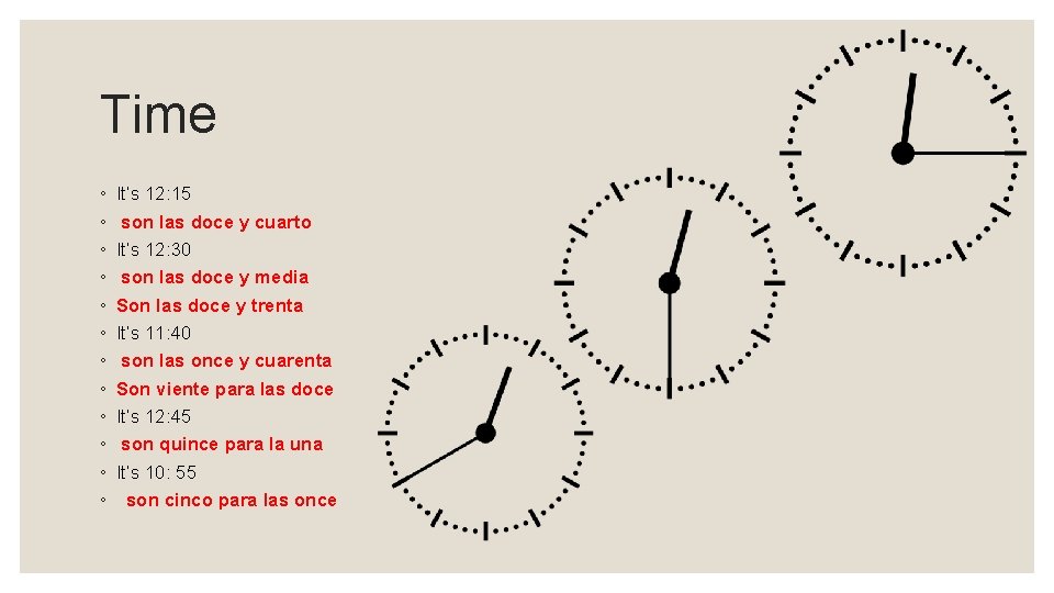 Time ◦ ◦ ◦ It’s 12: 15 son las doce y cuarto It’s 12: