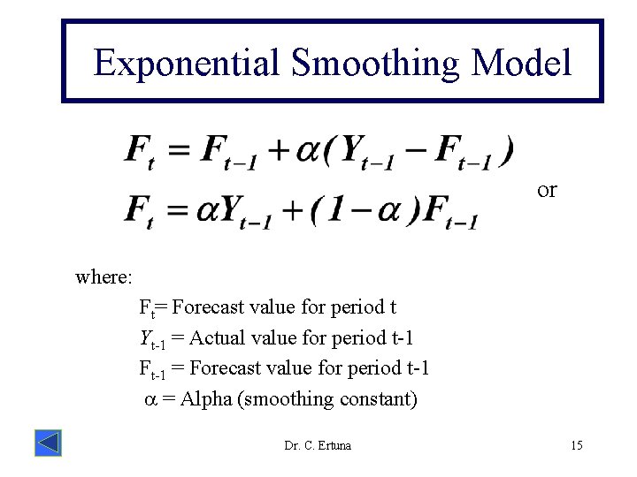 Exponential Smoothing Model or where: Ft= Forecast value for period t Yt-1 = Actual