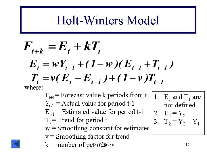 Holt-Winters Model where: Ft+k= Forecast value k periods from t 1. E 1 and