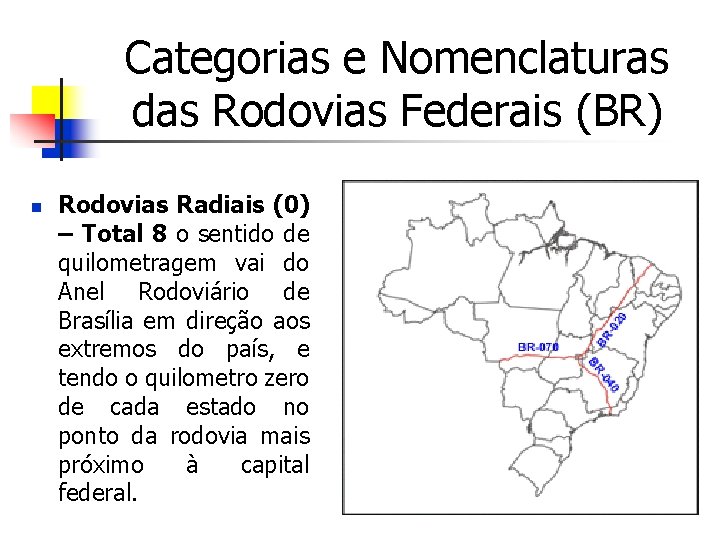 Categorias e Nomenclaturas das Rodovias Federais (BR) n Rodovias Radiais (0) – Total 8