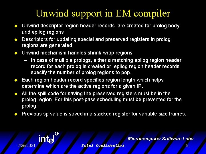 Unwind support in EM compiler u u u Unwind descriptor region header records are