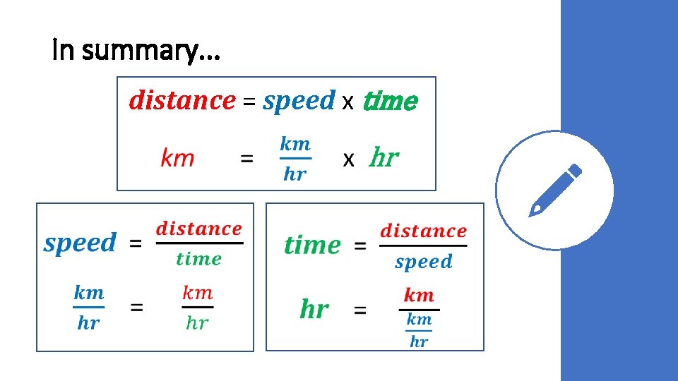 In summary. . . distance = speed x time 