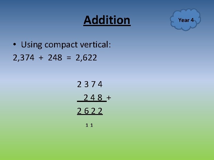 Addition • Using compact vertical: 2, 374 + 248 = 2, 622 2 3