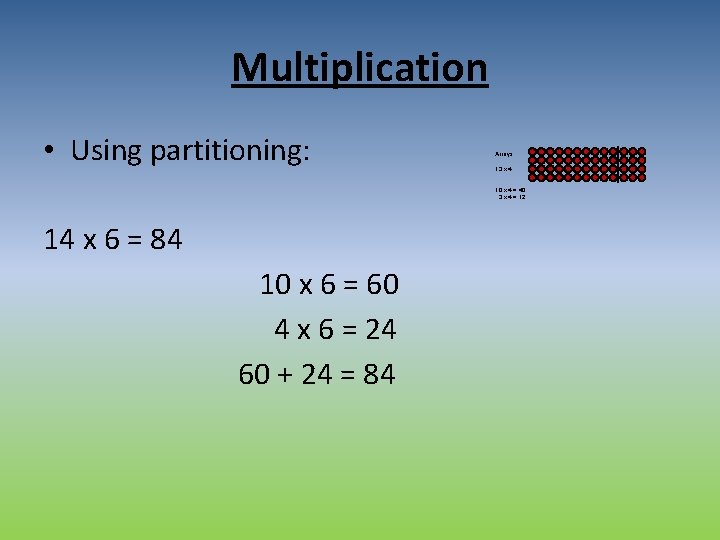 Multiplication • Using partitioning: Arrays 13 x 4 10 x 4 = 40 3