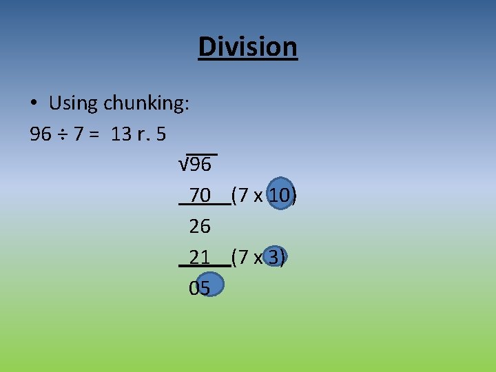 Division • Using chunking: 96 ÷ 7 = 13 r. 5 √ 96 70