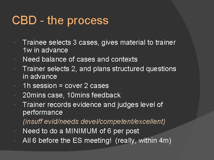 CBD - the process Trainee selects 3 cases, gives material to trainer 1 w