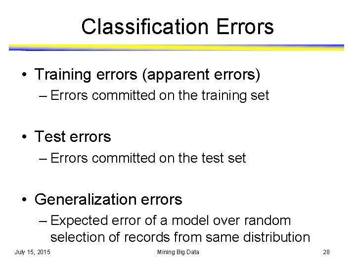 Classification Errors • Training errors (apparent errors) – Errors committed on the training set