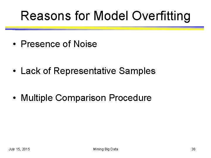 Reasons for Model Overfitting • Presence of Noise • Lack of Representative Samples •