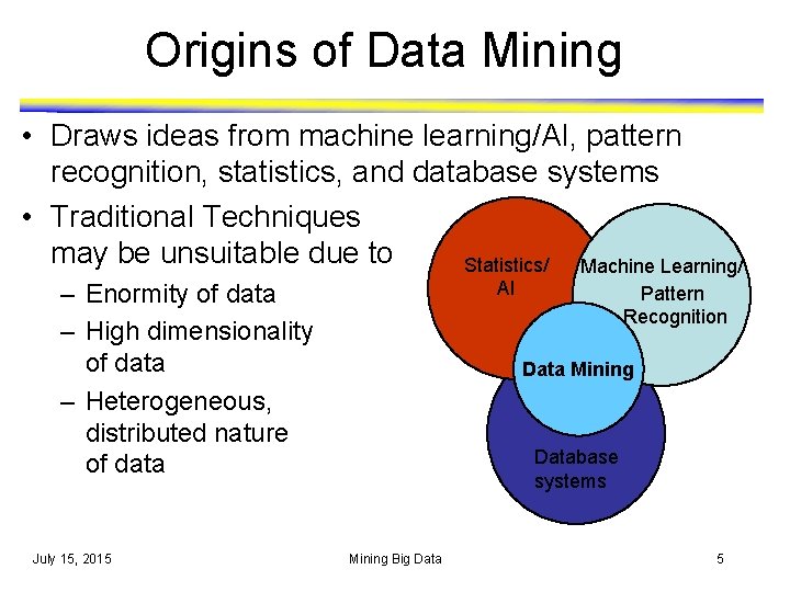 Origins of Data Mining • Draws ideas from machine learning/AI, pattern recognition, statistics, and